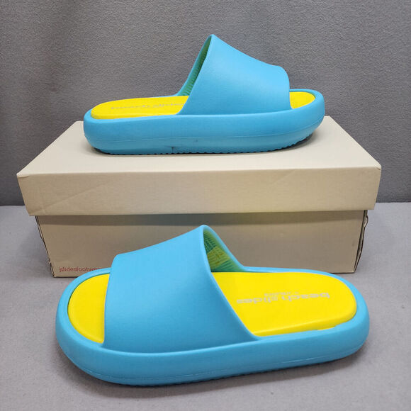 J SLIDES Blue and Yellow Eva‎ Squish Beach Slides Women's Size 8 - NIB - Picture 2 of 7